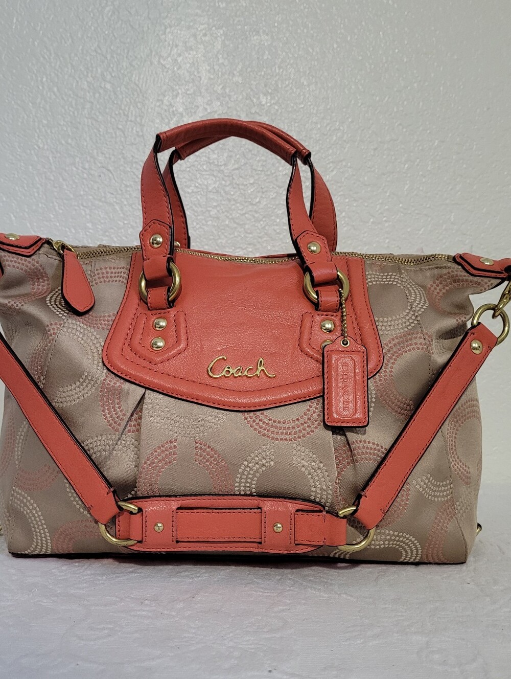 Coach F20027 Ashley Dotted Op Art Beige Orange Carryall Satchel Shoulder Bag